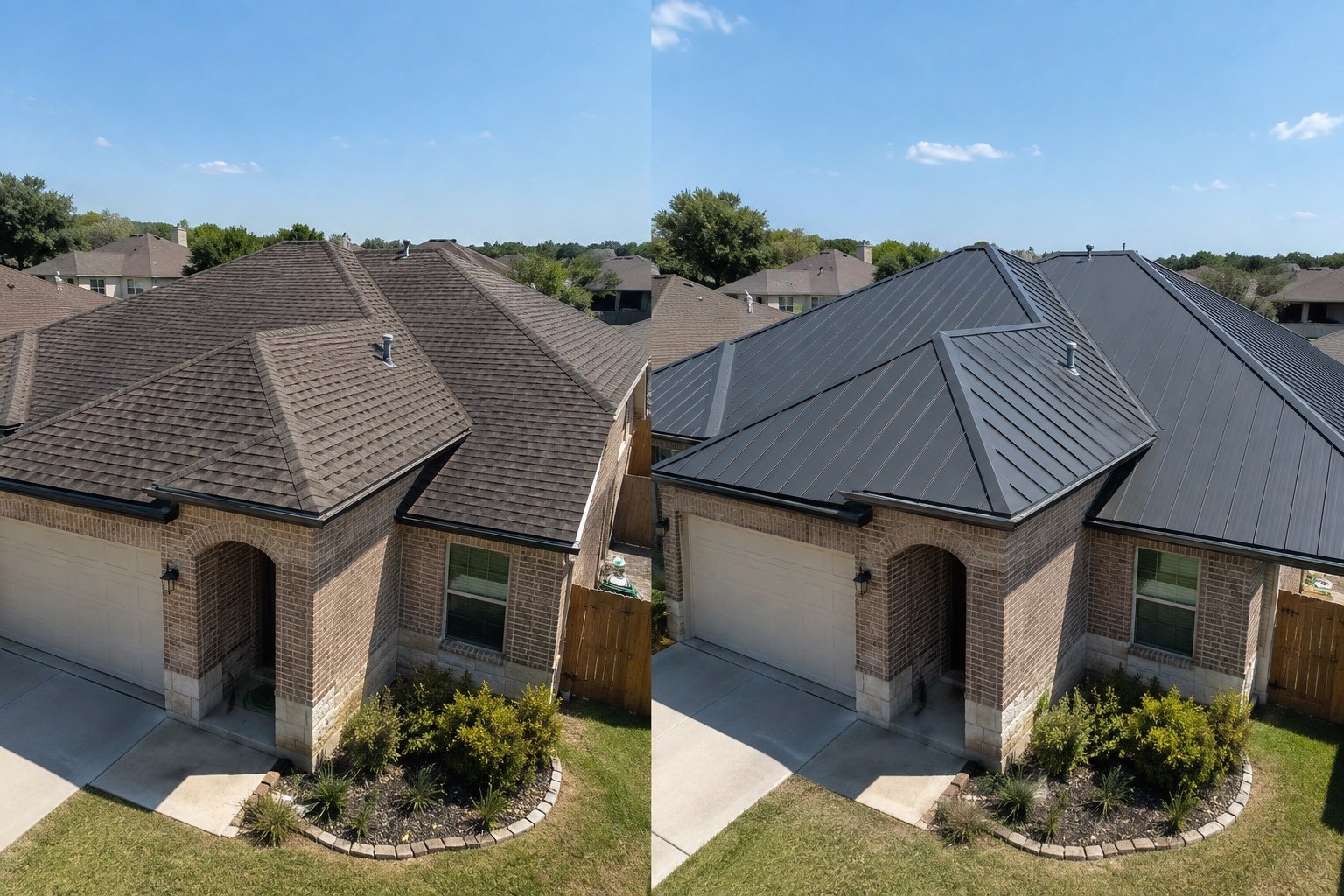 Before and after standing seam metal roof installation on a brick home in McAllen, Texas