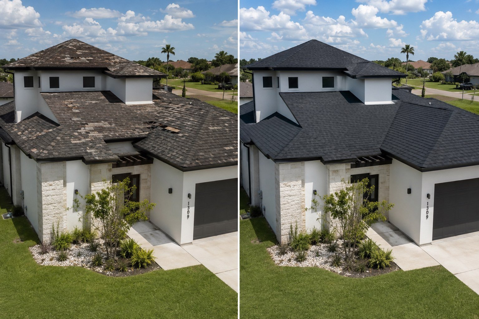 Before and after roof replacement in Edinburg, Texas showing storm-damaged shingles replaced with a new dark roofing system