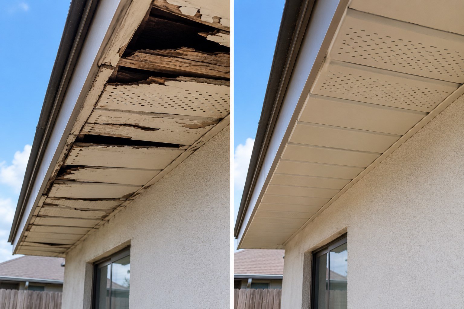 Before and after soffit and fascia repair in Edinburg, Texas showing rotted soffit replaced with new vented panels