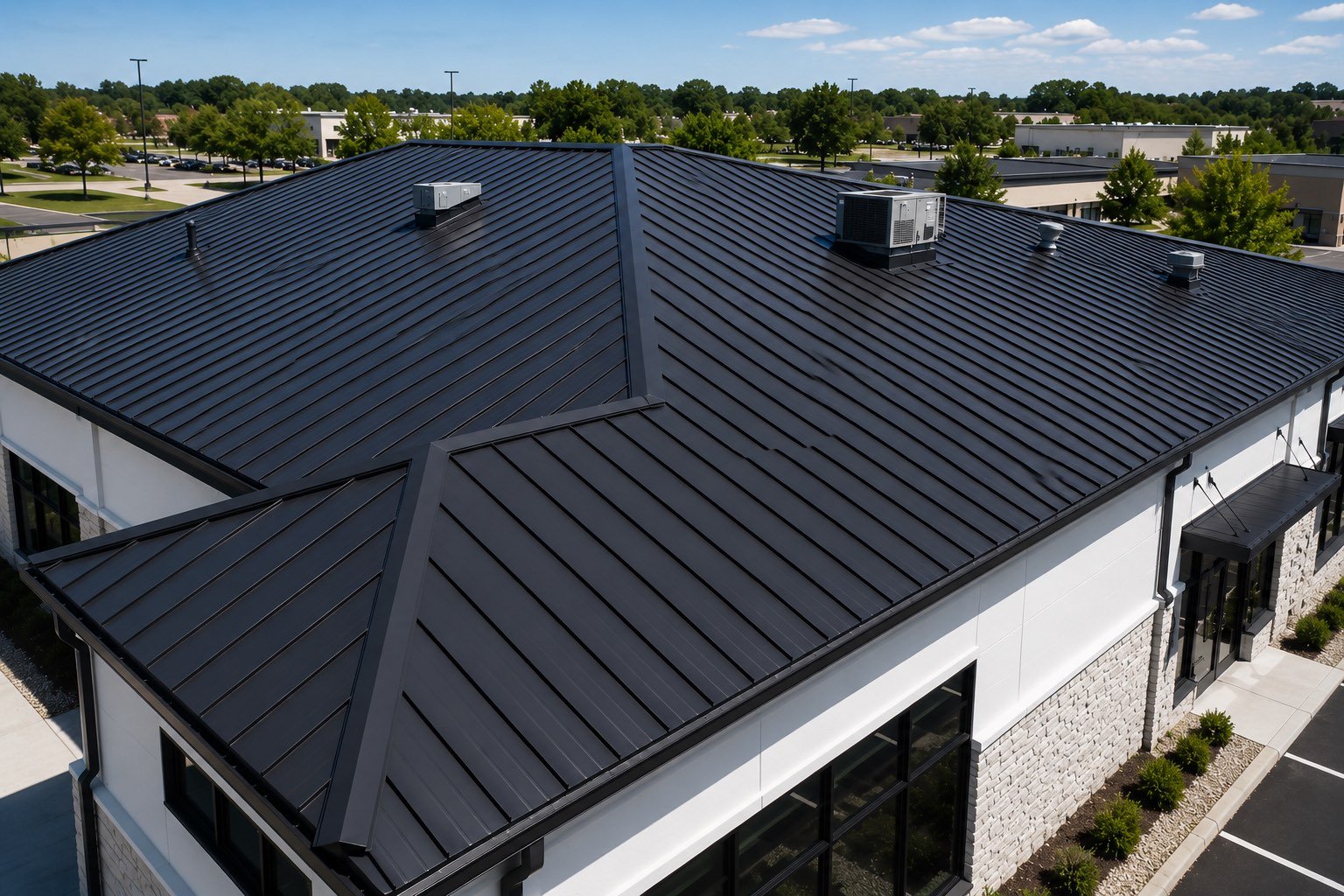Aerial view of a black standing seam metal roof on a commercial building in McAllen, Texas with rooftop HVAC units