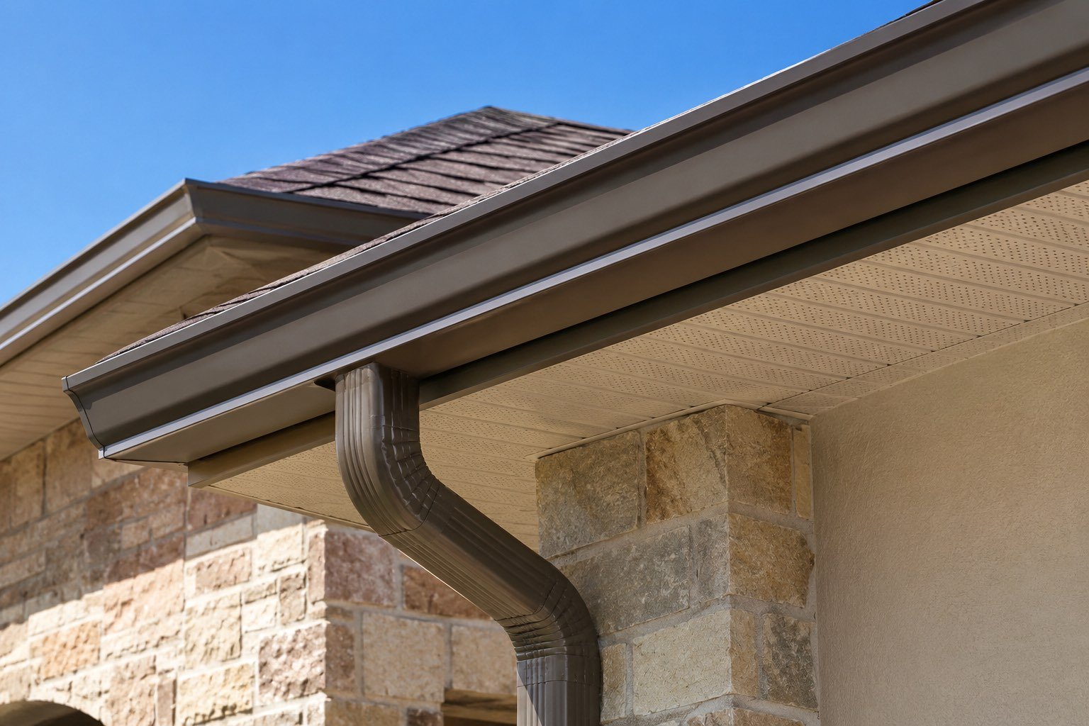 Seamless gutter and downspout installed on a stone and stucco home in McAllen, Texas