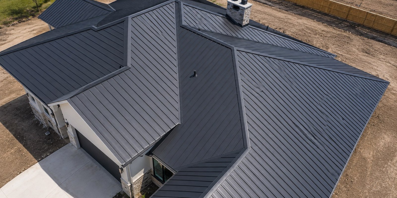 Close aerial detail of a charcoal standing seam metal roof installed by RGV Roofing Company in McAllen, Texas