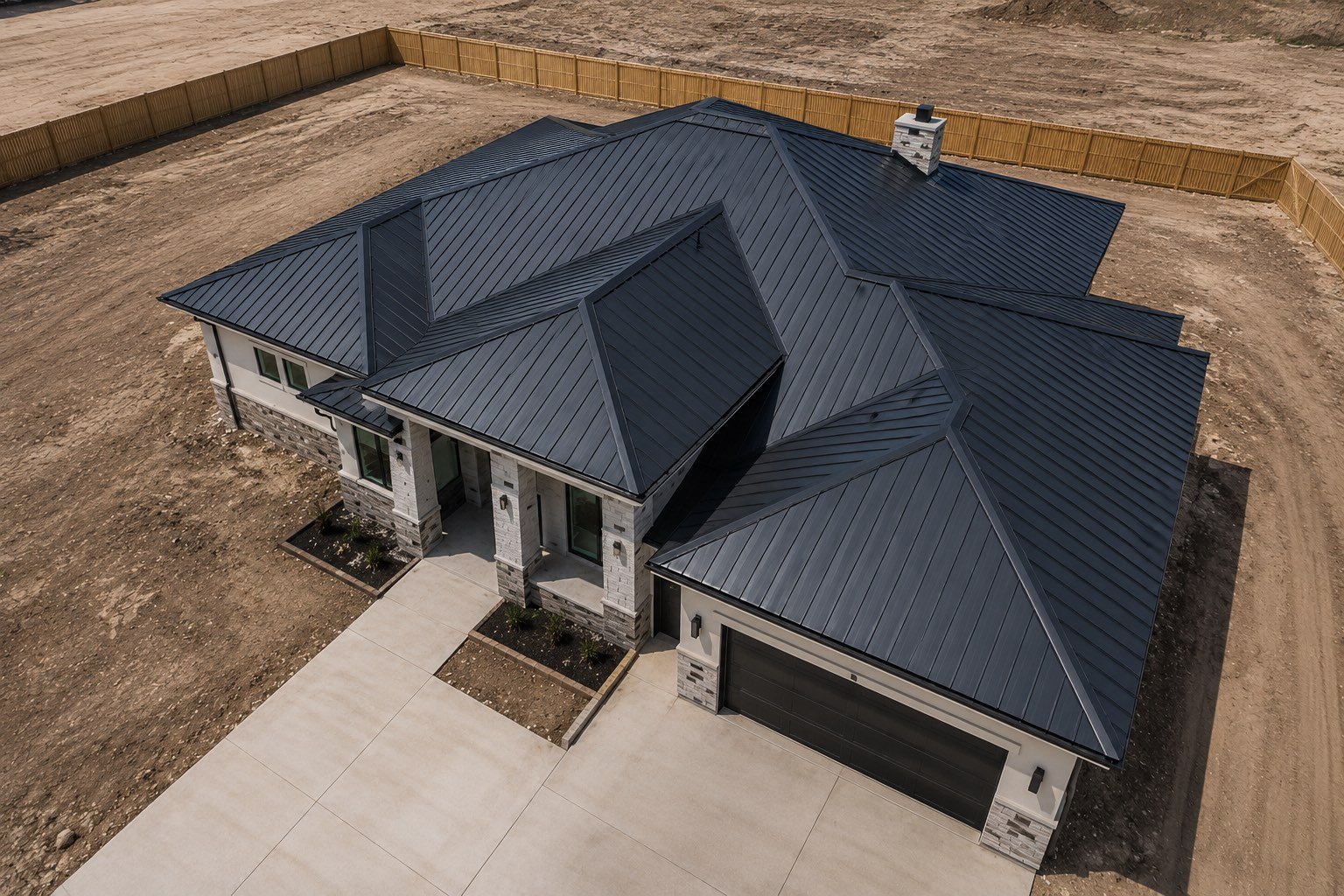 Aerial view of a charcoal standing seam metal roof on a new construction home in Edinburg, Texas